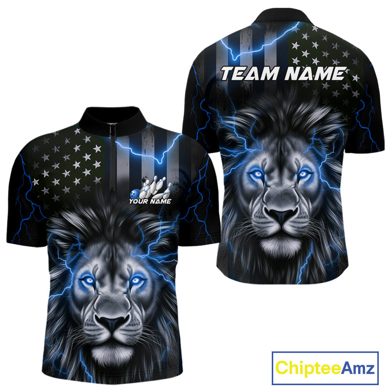 Custom Blue Thunder Lightning Patriotic Lion Quarter-Zip Shirts For Men, US Flag Bowling Jerseys IPHW9323