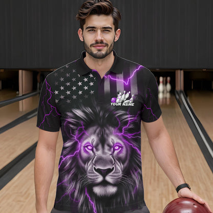 Custom Purple Thunder Lightning Patriotic Lion Polo Shirts For Men, US Flag Bowling Jerseys IPHW9324