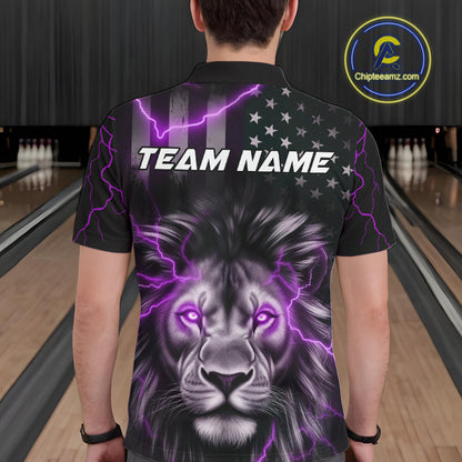 Custom Purple Thunder Lightning Patriotic Lion Polo Shirts For Men, US Flag Bowling Jerseys IPHW9324