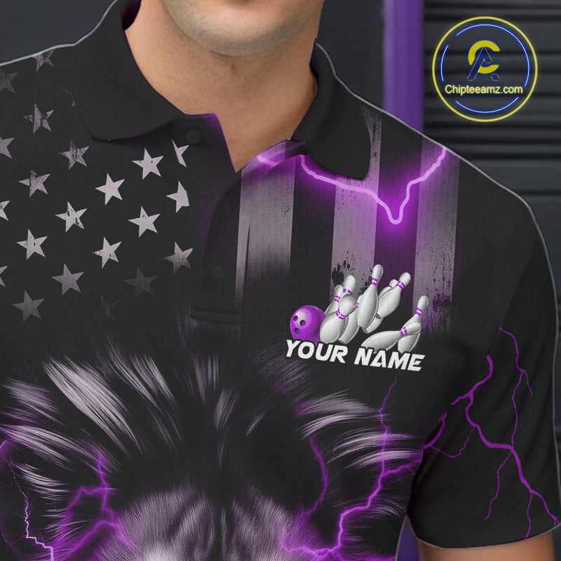 Custom Purple Thunder Lightning Patriotic Lion Polo Shirts For Men, US Flag Bowling Jerseys IPHW9324