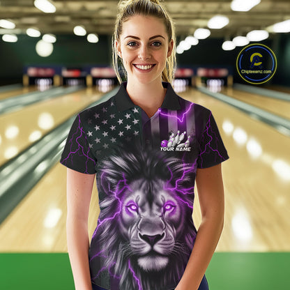 Custom Purple Thunder Lightning Patriotic Lion Women Polo Shirts, US Flag Bowling Jerseys IPHW9324