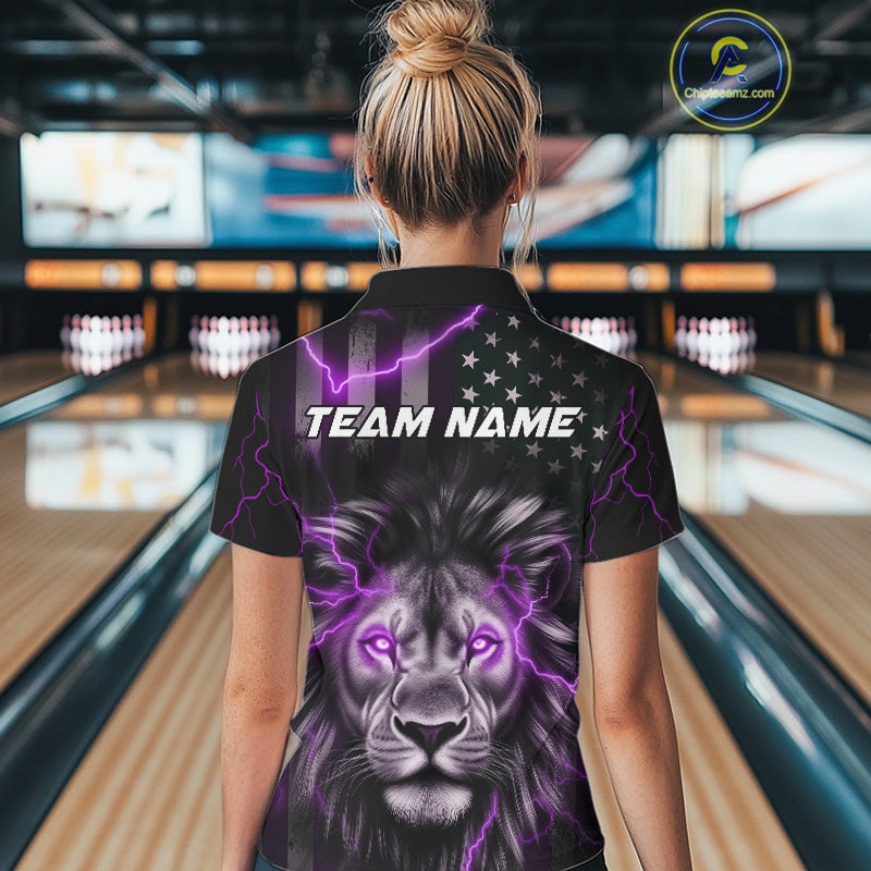 Custom Purple Thunder Lightning Patriotic Lion Women Polo Shirts, US Flag Bowling Jerseys IPHW9324