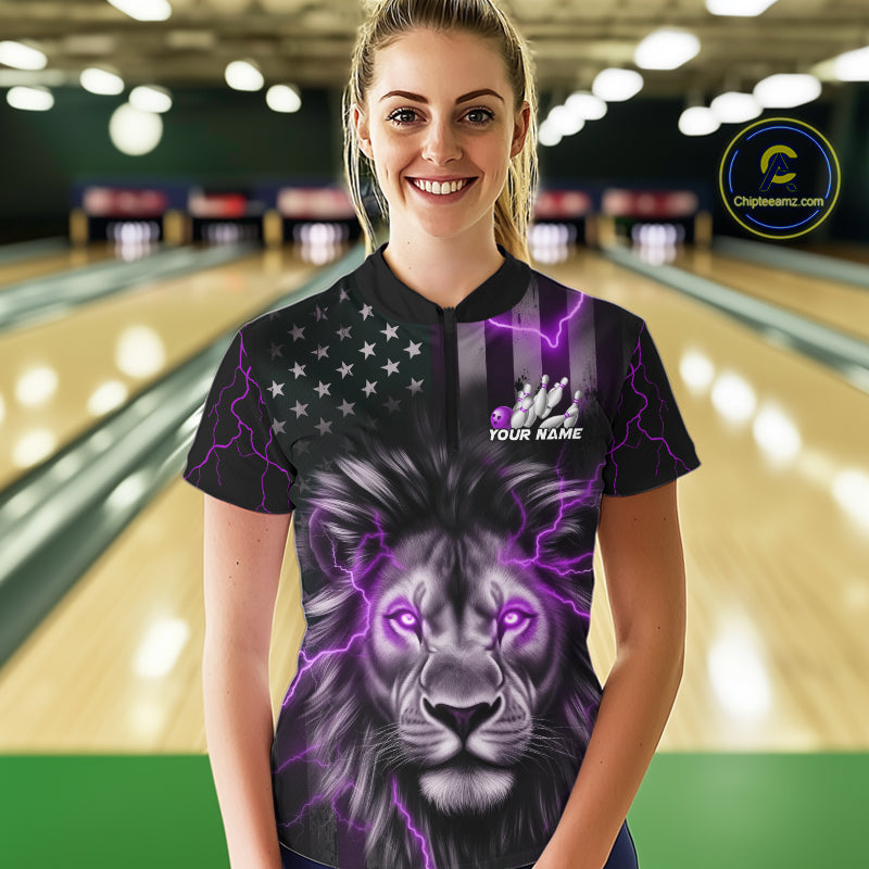 Custom Purple Thunder Lightning Patriotic Lion Women Quarter-Zip Shirt, US Bowling Jersey IPHW9324