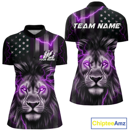 Custom Purple Thunder Lightning Patriotic Lion Women Quarter-Zip Shirt, US Bowling Jersey IPHW9324