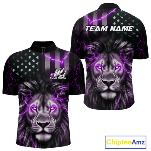 Custom Purple Thunder Lightning Patriotic Lion Quarter-Zip Shirt For Men, US Flag Bowling Jerseys IPHW9324