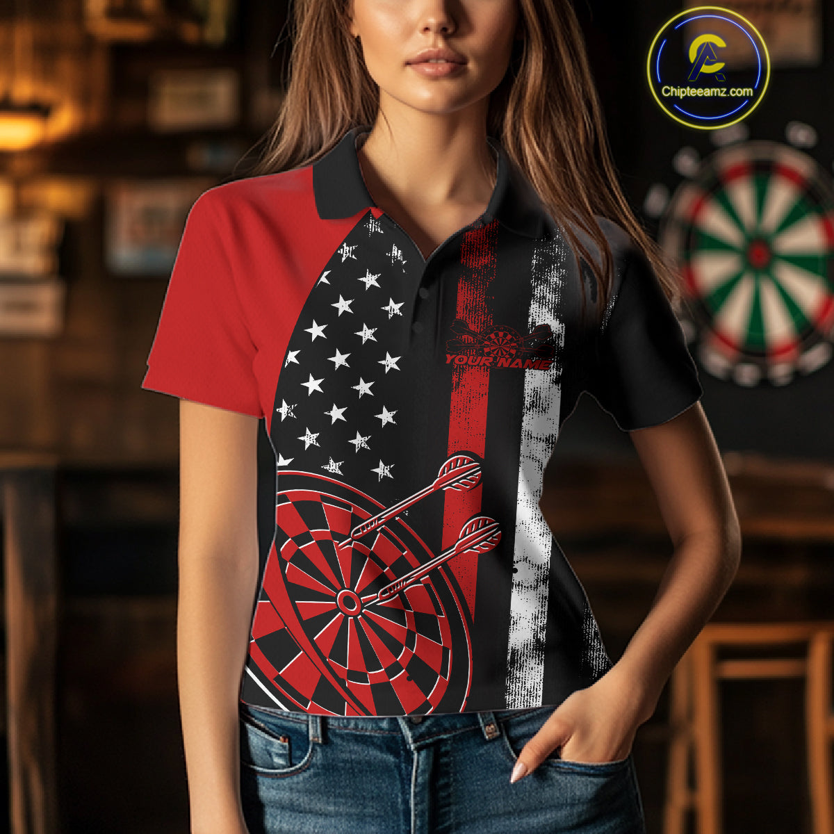 Custom Red Thin Line US Flag Patriotic Dartboard Dart Women Polo Team Shirt, Dart Jersey IPHW9644