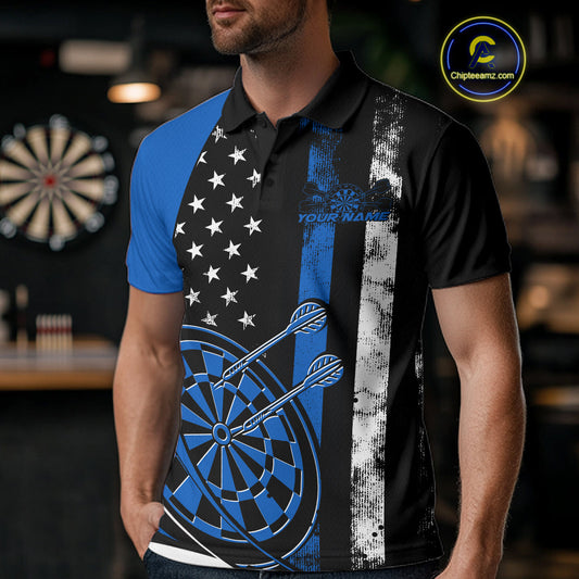 Custom Blue Thin Line US Flag Patriotic Dartboard Dart Men Polo Team Shirts, Dart Jerseys IPHW9645