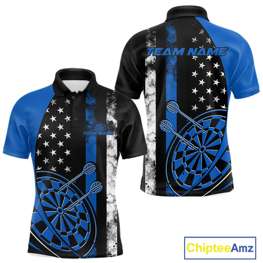 Custom Blue Thin Line US Flag Patriotic Dartboard Dart Men Polo Team Shirts, Dart Jerseys IPHW9645