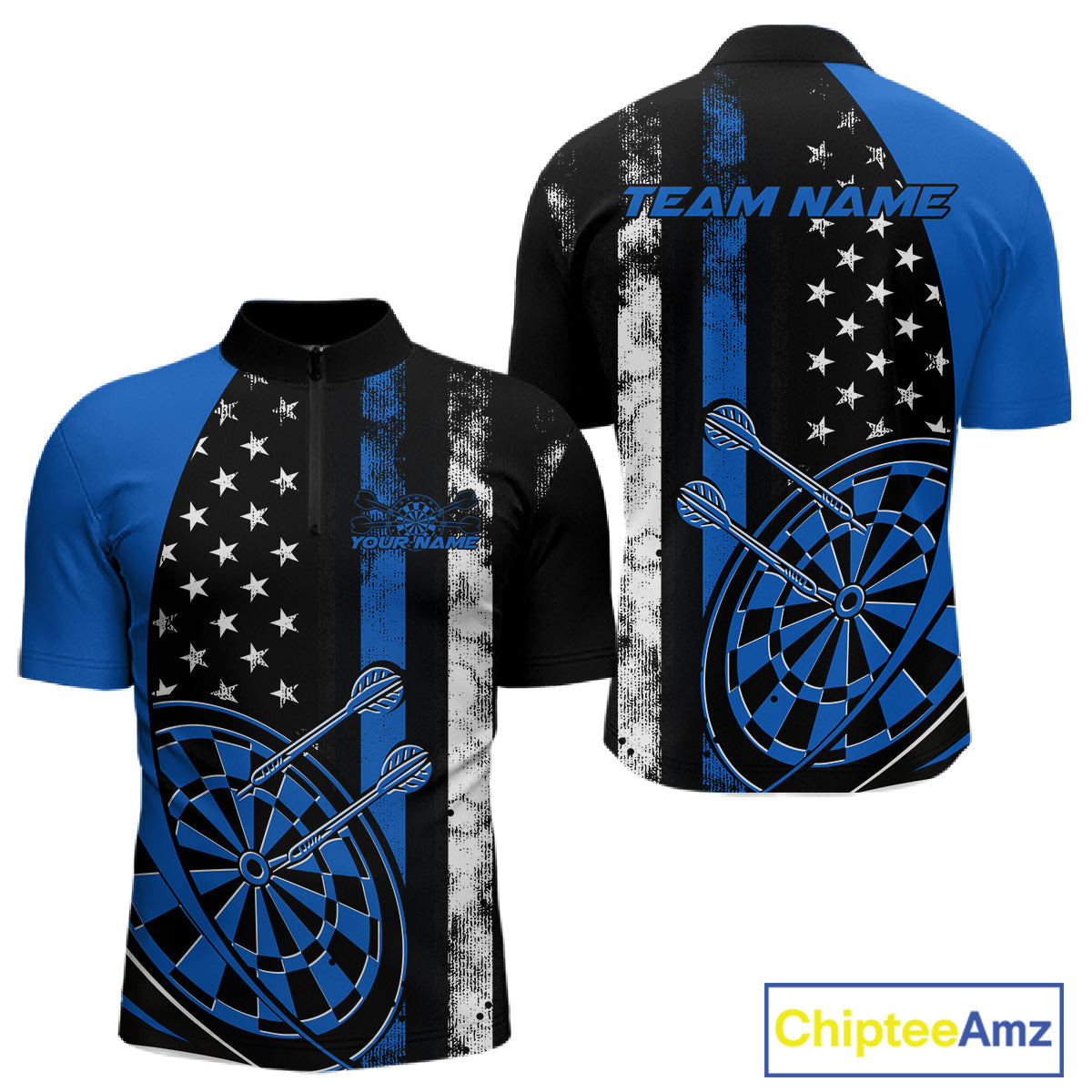 Custom Blue Thin Line US Flag Patriotic Dartboard Dart Men Quarter-Zip Team Shirts, Dart Jerseys IPHW9645