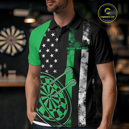 Custom Green Thin Line US Flag Patriotic Dartboard Dart Men Polo Team Shirts, Dart Jerseys IPHW9646