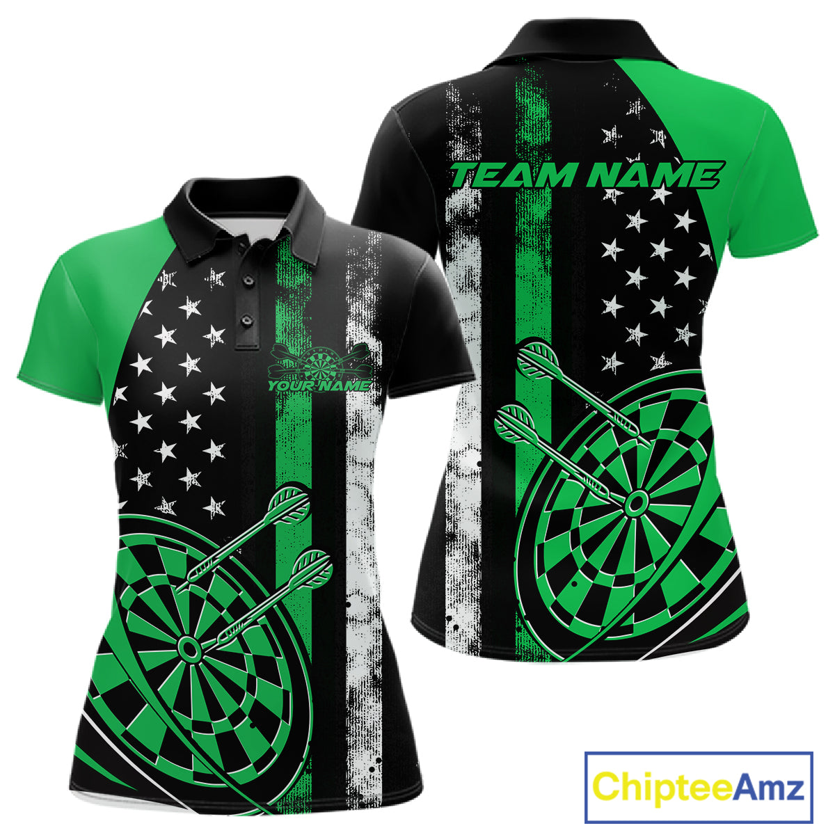 Custom Green Thin Line US Flag Patriotic Dartboard Women Polo Team Shirt, Dart Jersey IPHW9646