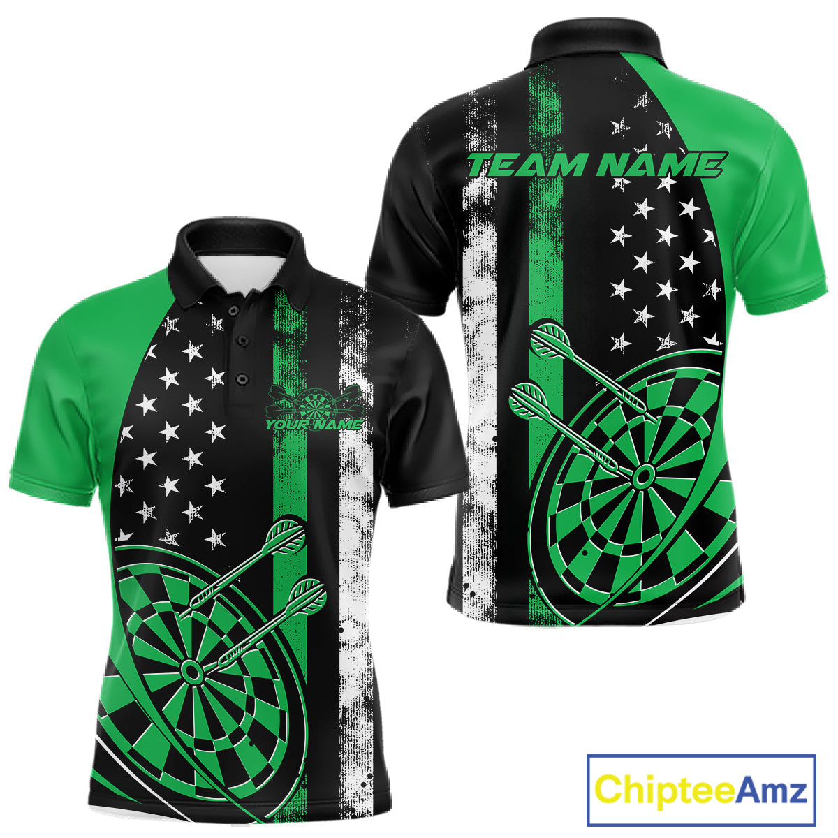 Custom Green Thin Line US Flag Patriotic Dartboard Dart Men Polo Team Shirts, Dart Jerseys IPHW9646