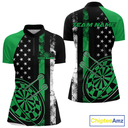 Custom Green Thin Line US Flag Patriotic Dartboard Dart Women Quarter-Zip Team Shirts IPHW9646
