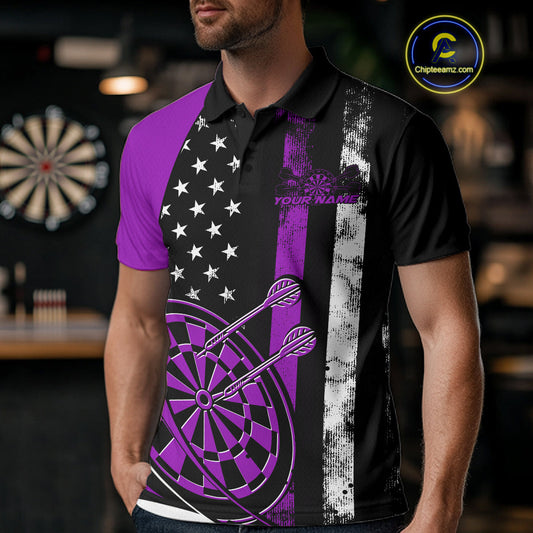 Custom Purple Thin Line US Flag Patriotic Dartboard Dart Men Polo Team Shirts, Dart Jersey IPHW9647