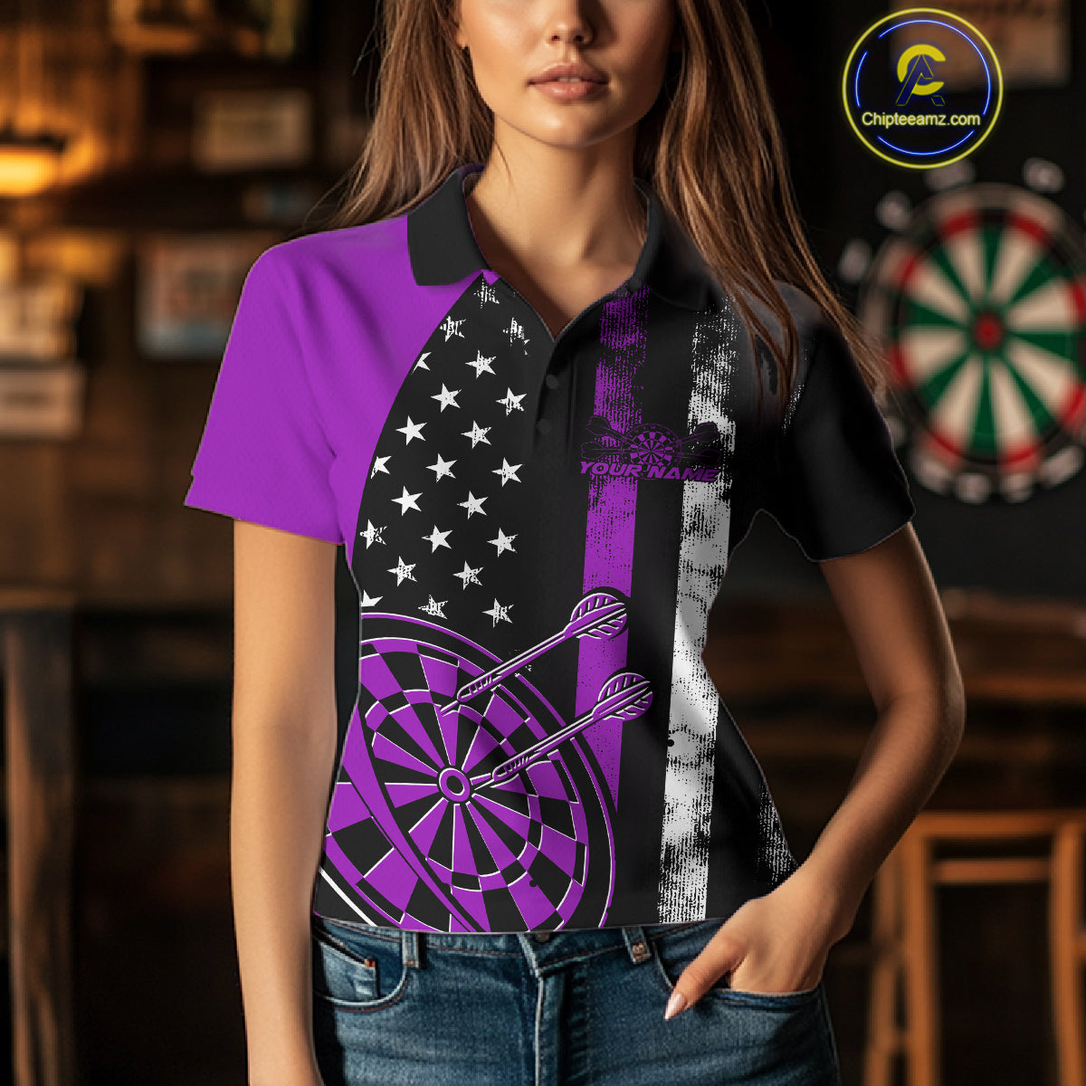 Custom Purple Thin Line US Flag Patriotic Dartboard Women Polo Team Shirt, Dart Jersey IPHW9647