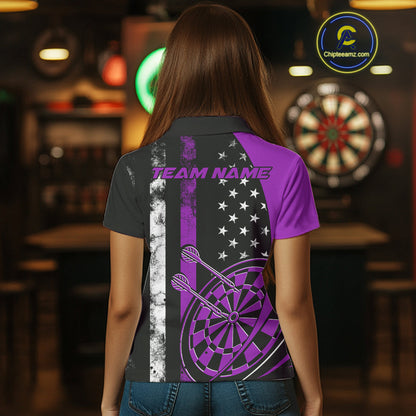 Custom Purple Thin Line US Flag Patriotic Dartboard Women Polo Team Shirt, Dart Jersey IPHW9647