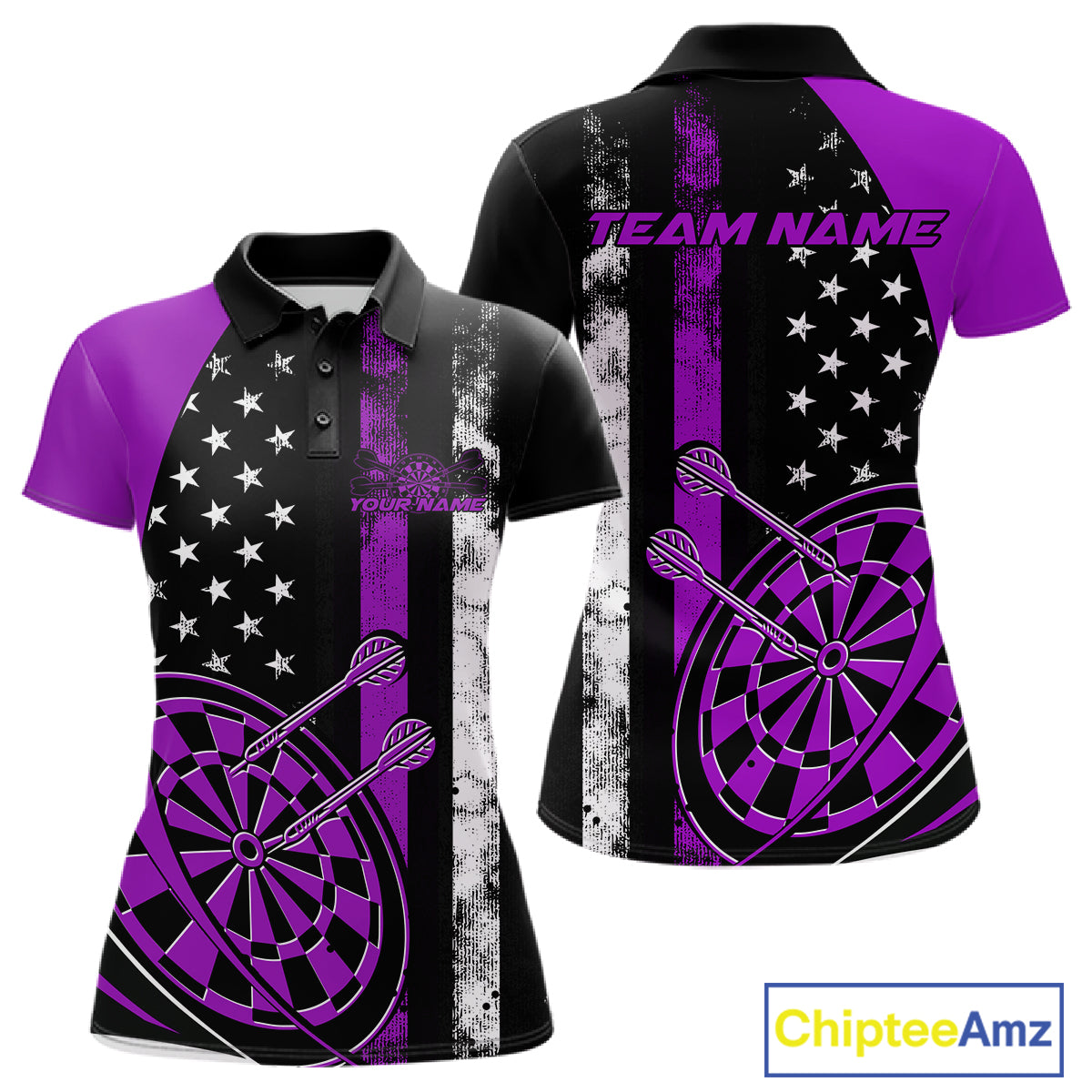 Custom Purple Thin Line US Flag Patriotic Dartboard Women Polo Team Shirt, Dart Jersey IPHW9647