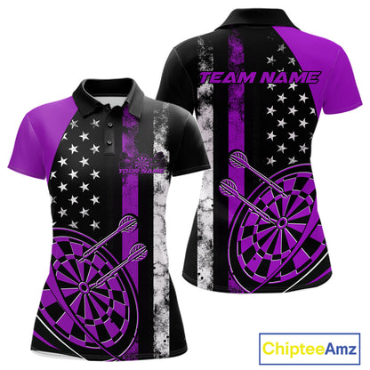 Custom Purple Thin Line US Flag Patriotic Dartboard Women Polo Team Shirt, Dart Jersey IPHW9647