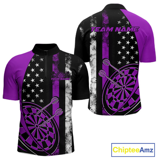 Custom Purple Thin Line US Flag Patriotic Dartboard Dart Men Quarter-Zip Team Shirts, Dart Jersey IPHW9647