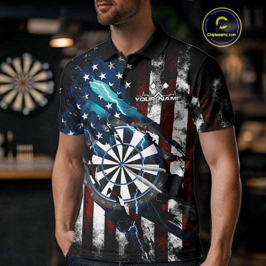 Custom Blue Thunder Lightning Patriotic Dart Men Polo Shirts, Vintage Dart Jerseys IPHW9651