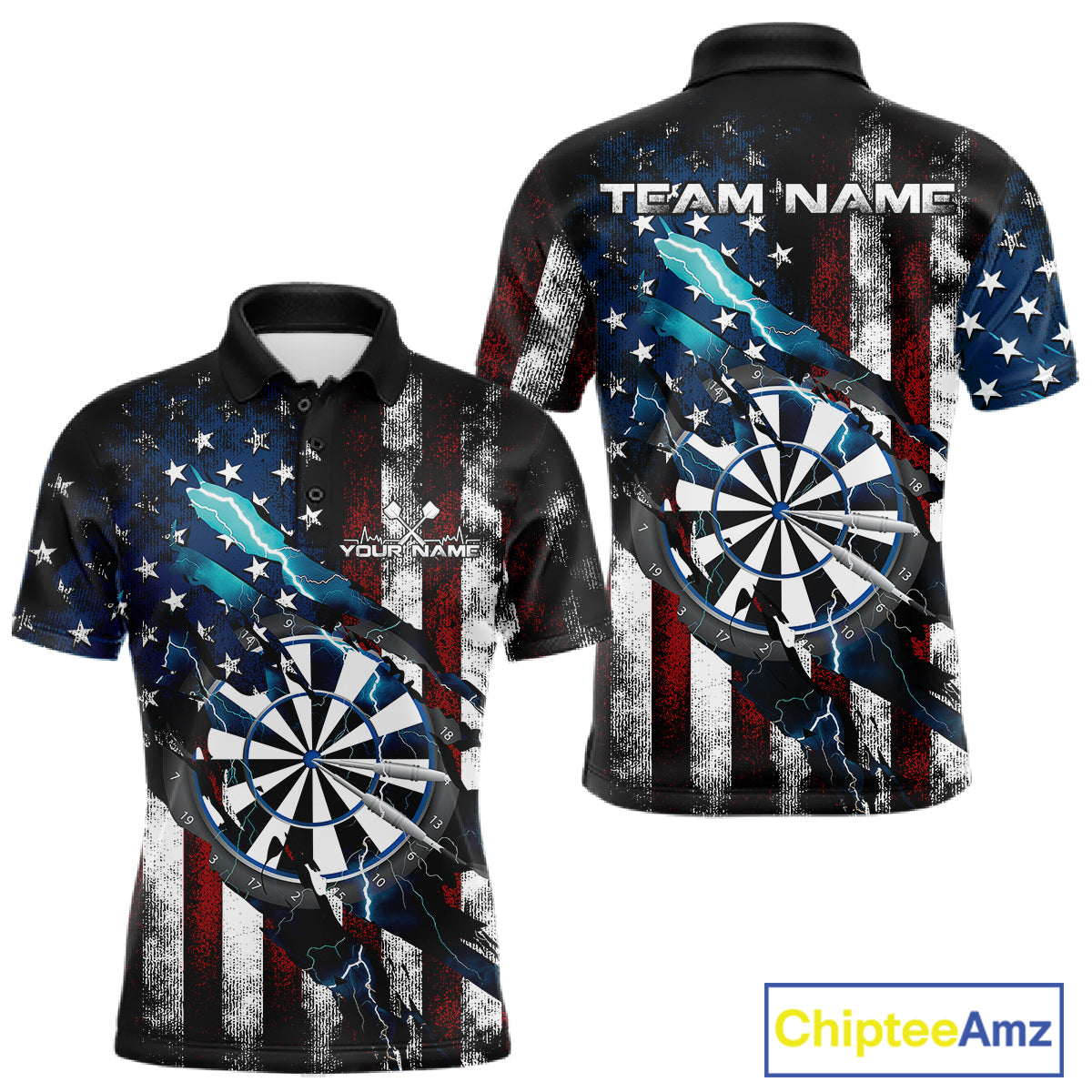 Custom Blue Thunder Lightning Patriotic Dart Men Polo Shirts, Vintage Dart Jerseys IPHW9651