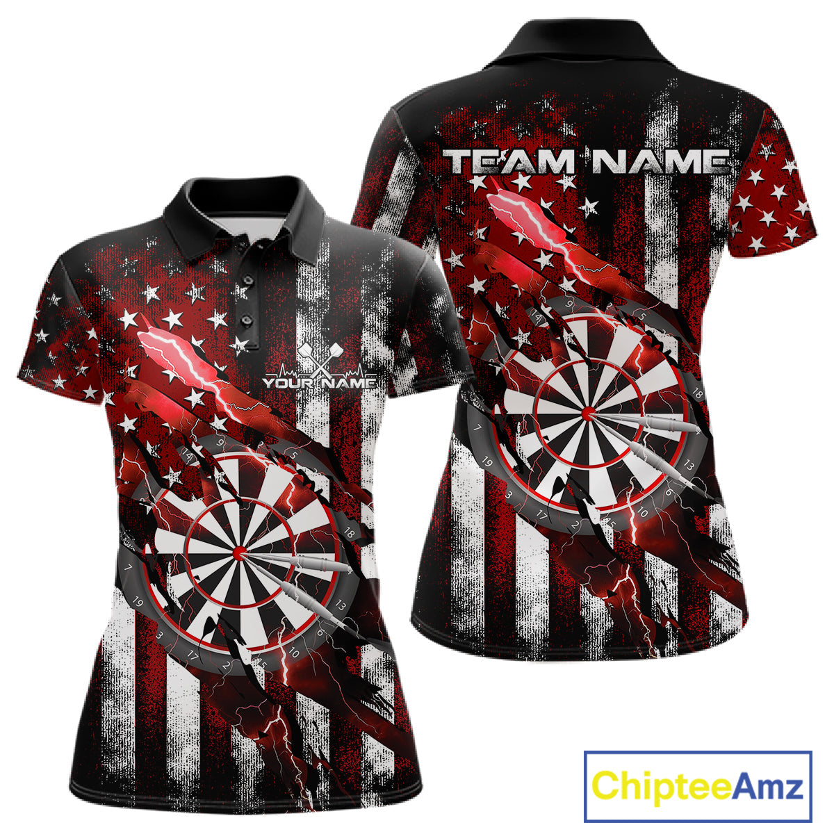 Custom Red Thunder Lightning Patriotic Dart Women Polo Shirts, Vintage Dart Jerseys IPHW9652