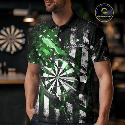 Custom Green Thunder Lightning Patriotic Dart Men Polo Shirts, Vintage Dart Jerseys IPHW9654
