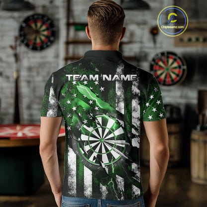 Custom Green Thunder Lightning Patriotic Dart Men Polo Shirts, Vintage Dart Jerseys IPHW9654