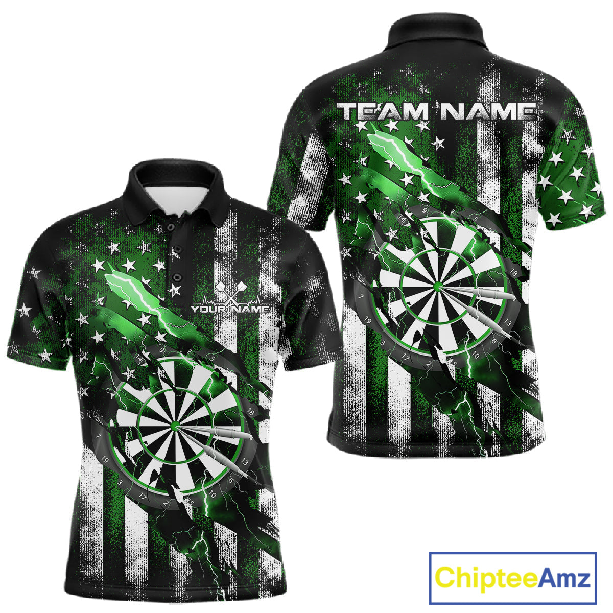 Custom Green Thunder Lightning Patriotic Dart Men Polo Shirts, Vintage Dart Jerseys IPHW9654
