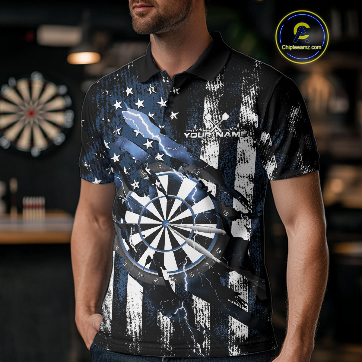 Custom Blue Thunder Lightning Patriotic Dart Men Polo Shirts, Vintage Dart Jerseys IPHW9655