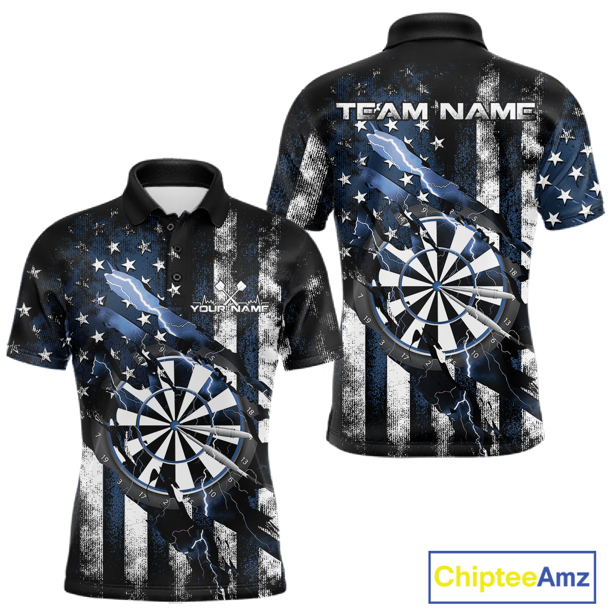 Custom Blue Thunder Lightning Patriotic Dart Men Polo Shirts, Vintage Dart Jerseys IPHW9655