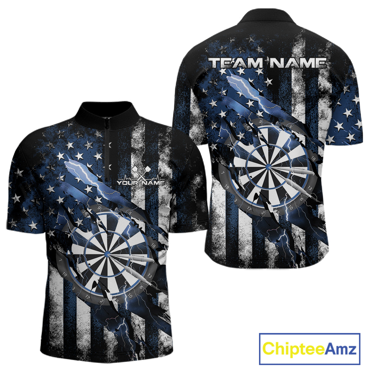 Custom Blue Thunder Lightning Patriotic Dart Men Quarter-Zip Shirts, Vintage Dart Jerseys IPHW9655