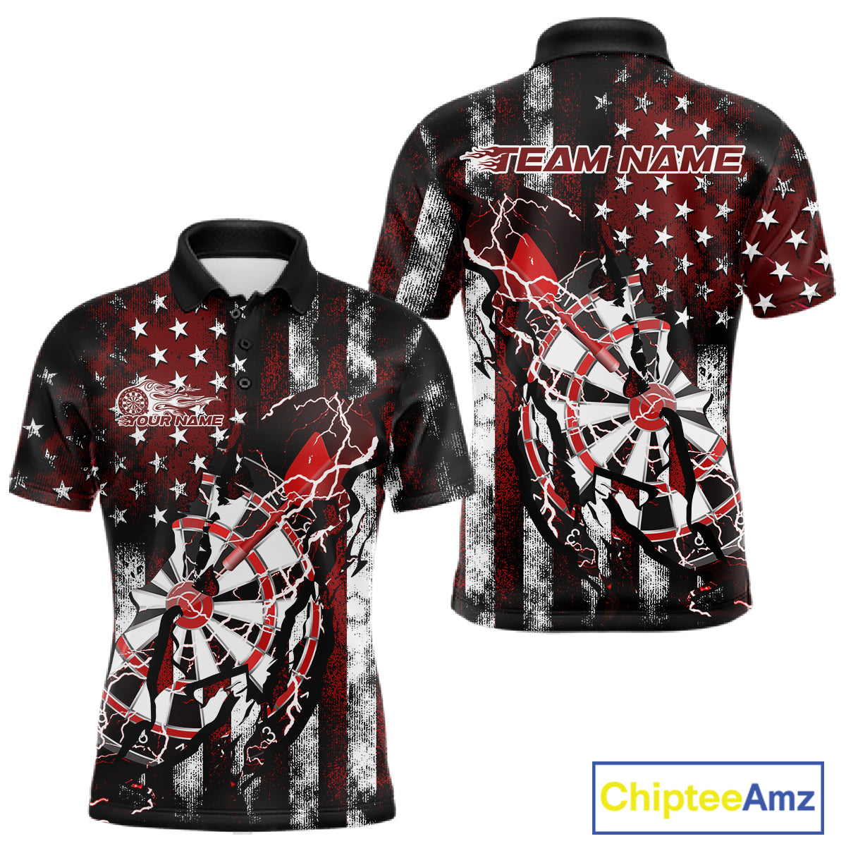 Custom Red Thunder Lightning Patriotic Dart Team Polo Shirts For Men, Dart Jerseys IPHW9656