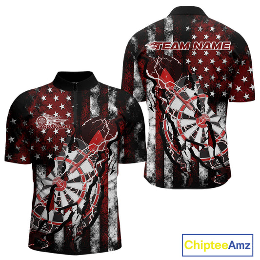 Custom Red Thunder Lightning Patriotic Dart Team Quarter-Zip Shirts For Men, Dart Jerseys IPHW9656