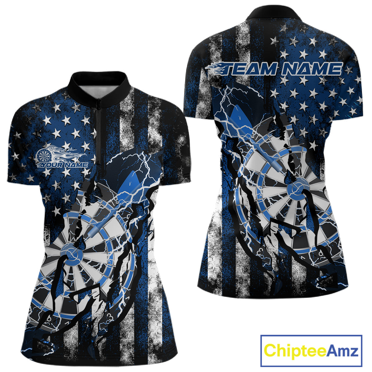 Custom Blue Thunder Lightning Patriotic Dart Team Women Quarter-Zip Shirts, Dart Jerseys IPHW9657
