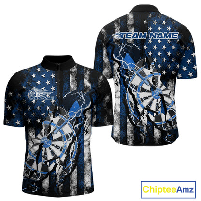 Custom Blue Thunder Lightning Patriotic Dart Team Quarter-Zip Shirts For Men, Dart Jerseys IPHW9657