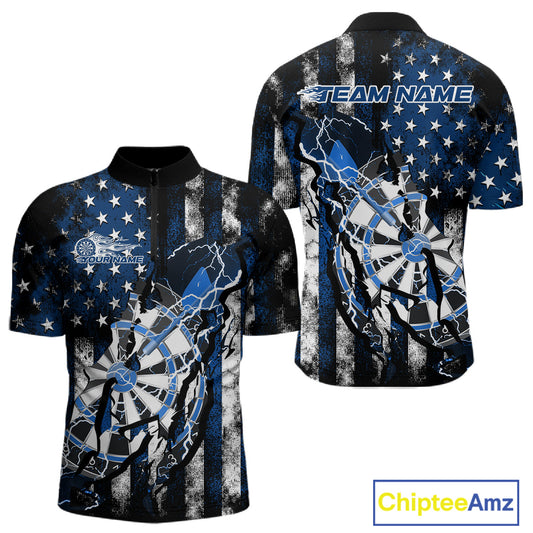 Custom Blue Thunder Lightning Patriotic Dart Team Quarter-Zip Shirts For Men, Dart Jerseys IPHW9657