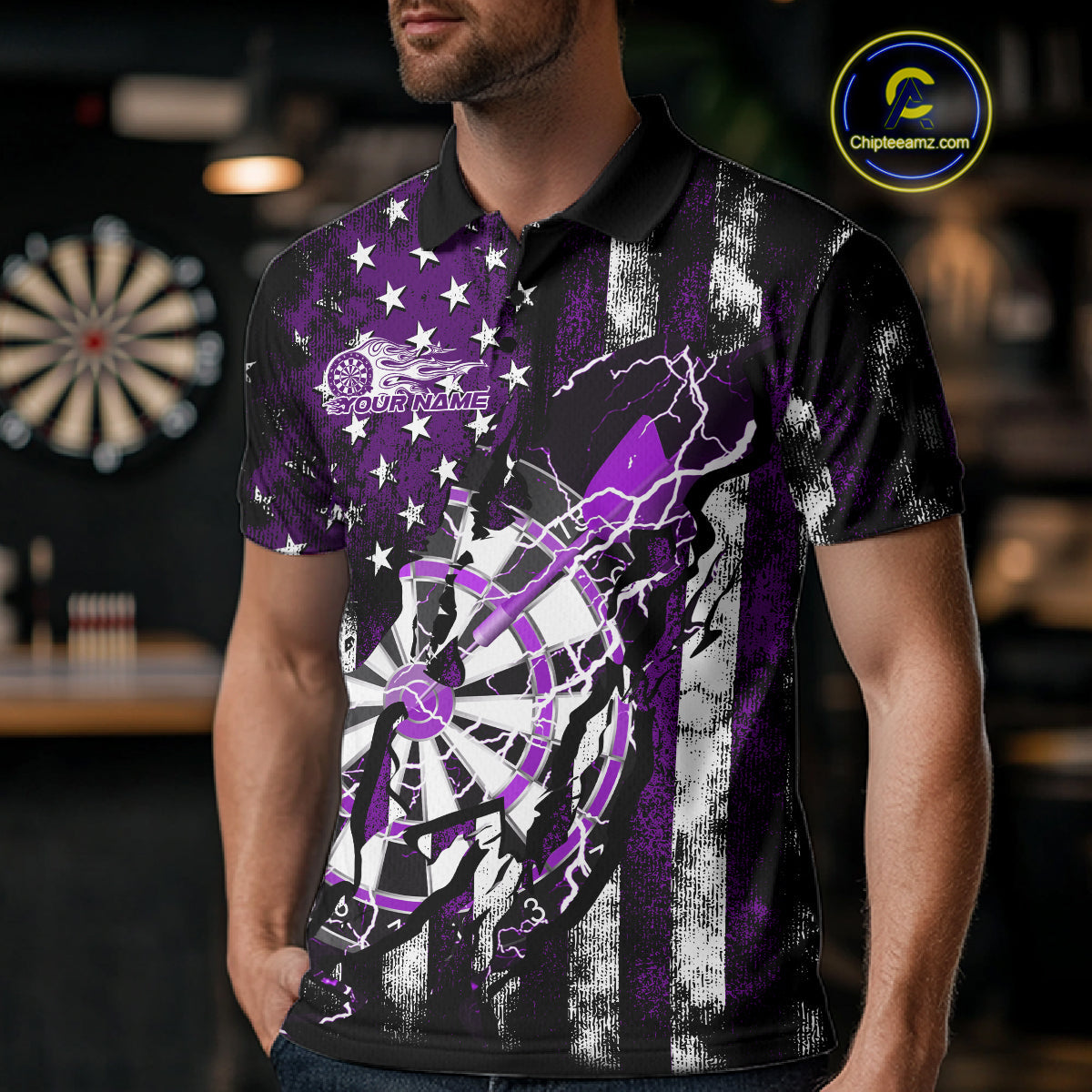 Custom Purple Thunder Lightning Patriotic Dart Team Polo Shirts For Men, Dart Jerseys IPHW9658