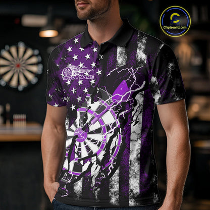 Custom Purple Thunder Lightning Patriotic Dart Team Polo Shirts For Men, Dart Jerseys IPHW9658