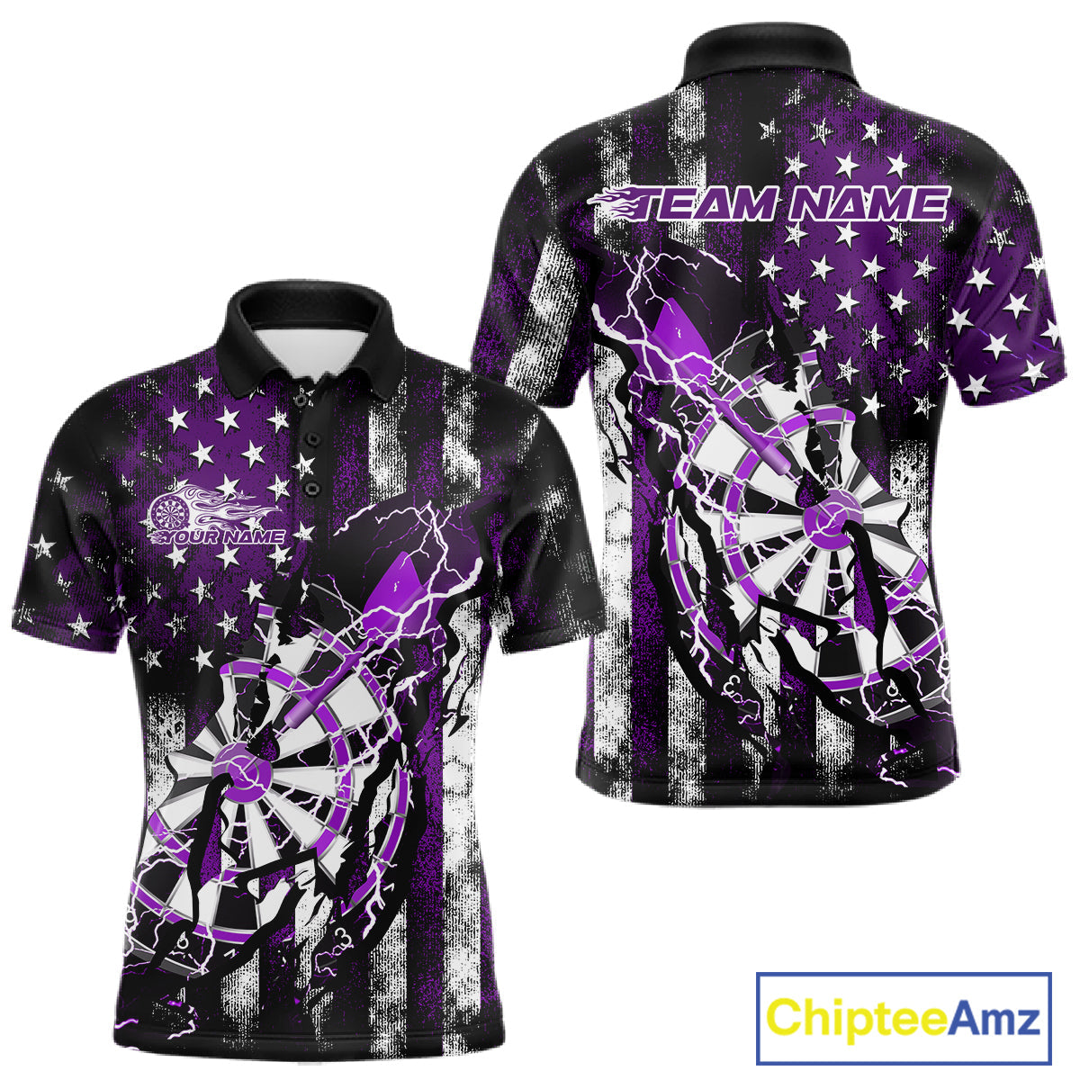 Custom Purple Thunder Lightning Patriotic Dart Team Polo Shirts For Men, Dart Jerseys IPHW9658