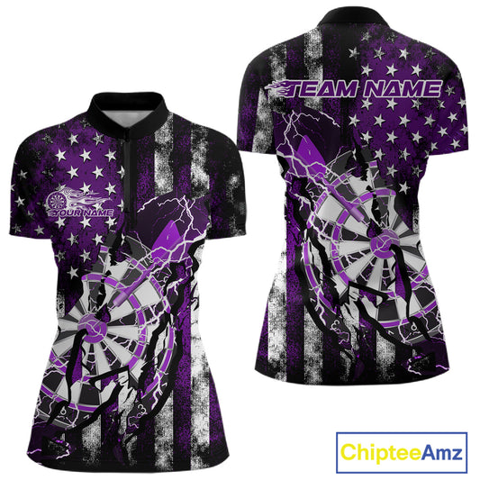 Custom Purple Thunder Lightning Patriotic Dart Team Women Quarter-Zip Shirt, Dart Jerseys IPHW9658