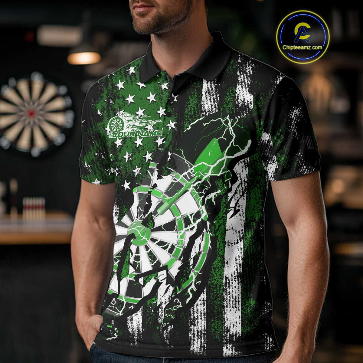 Custom Green Thunder Lightning Patriotic Dart Team Polo Shirts For Men, Dart Jerseys IPHW9659
