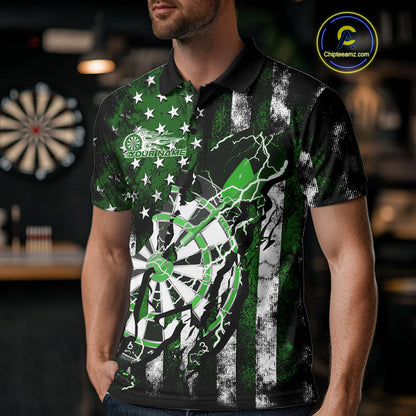 Custom Green Thunder Lightning Patriotic Dart Team Polo Shirts For Men, Dart Jerseys IPHW9659