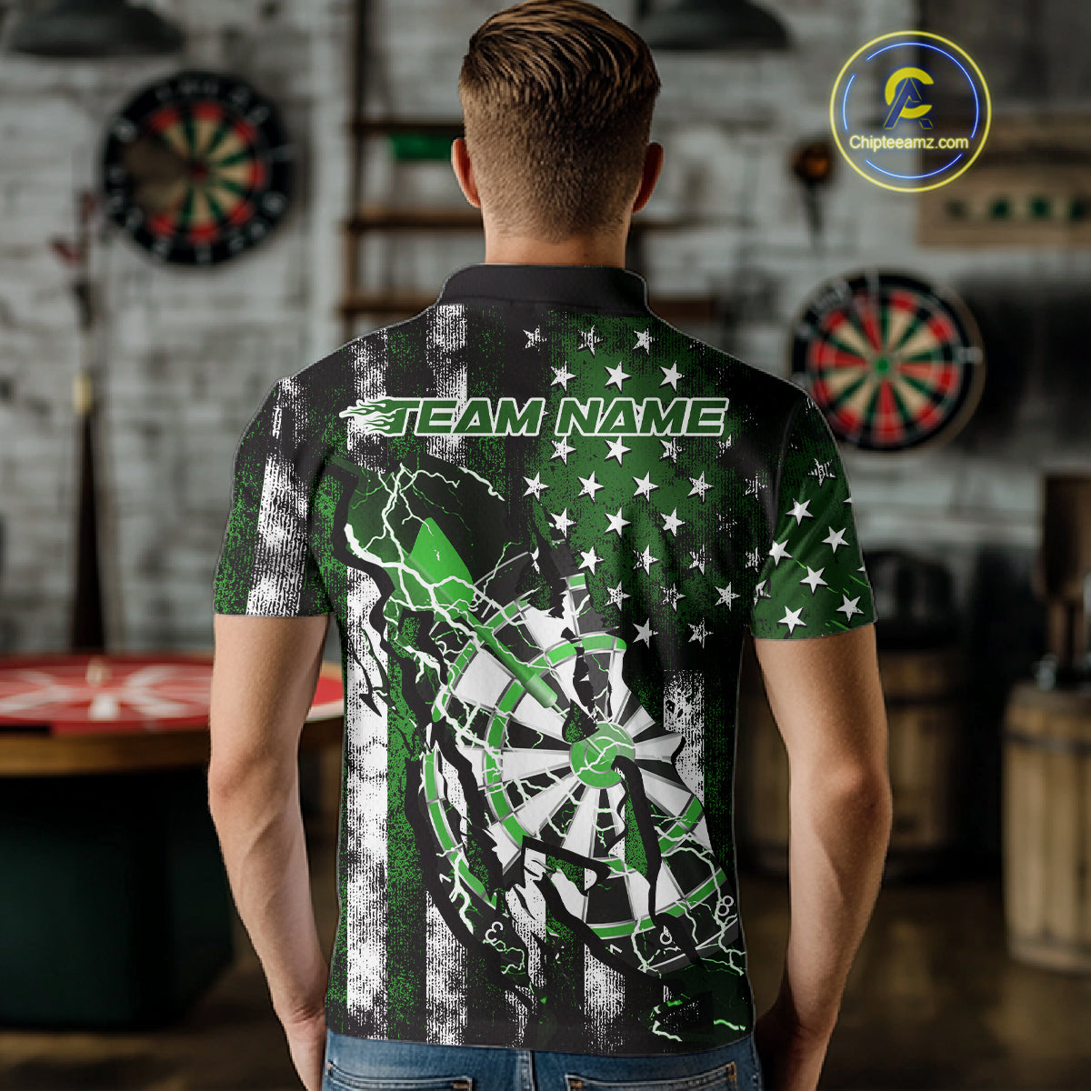Custom Green Thunder Lightning Patriotic Dart Team Polo Shirts For Men, Dart Jerseys IPHW9659