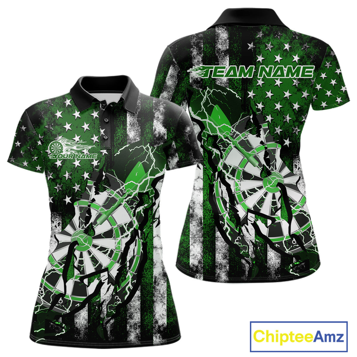 Custom Green Thunder Lightning Patriotic Dart Team Polo Shirts For Women, Dart Jerseys IPHW9659