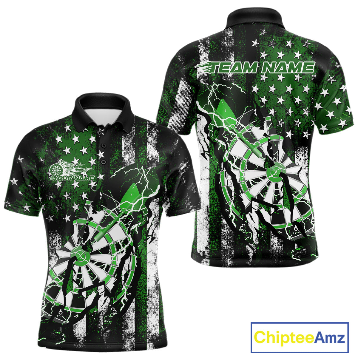 Custom Green Thunder Lightning Patriotic Dart Team Polo Shirts For Men, Dart Jerseys IPHW9659