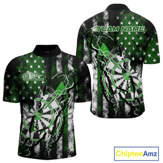 Custom Green Thunder Lightning Patriotic Dart Team Quarter-Zip Shirts For Men, Dart Jerseys IPHW9659
