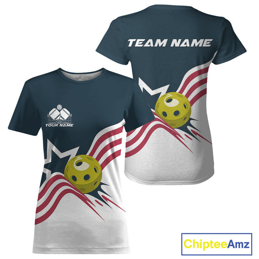 Custom Patriotic American Flag Pickleball T-Shirts For Women, US Flag Pickleball Jerseys IPHW9455