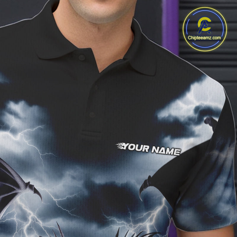 Custom Black And White Dragons Lightning Bowling Polo Shirts For Men, Bowling League Shirt IPHW9820