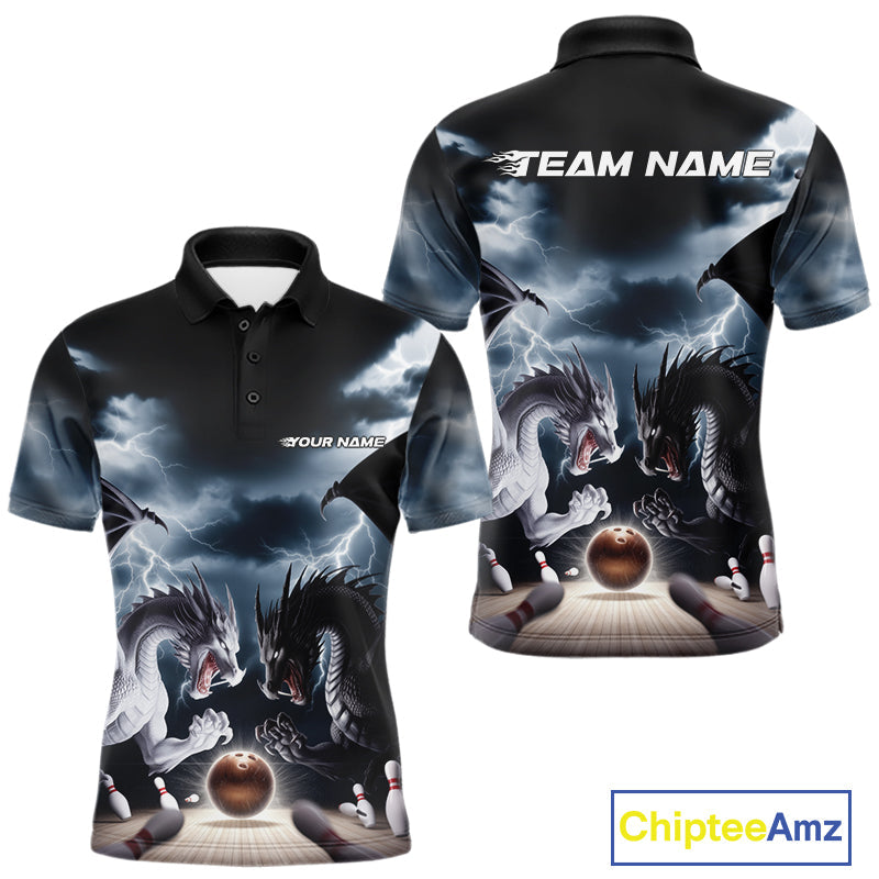 Custom Black And White Dragons Lightning Bowling Polo Shirts For Men, Bowling League Shirt IPHW9820